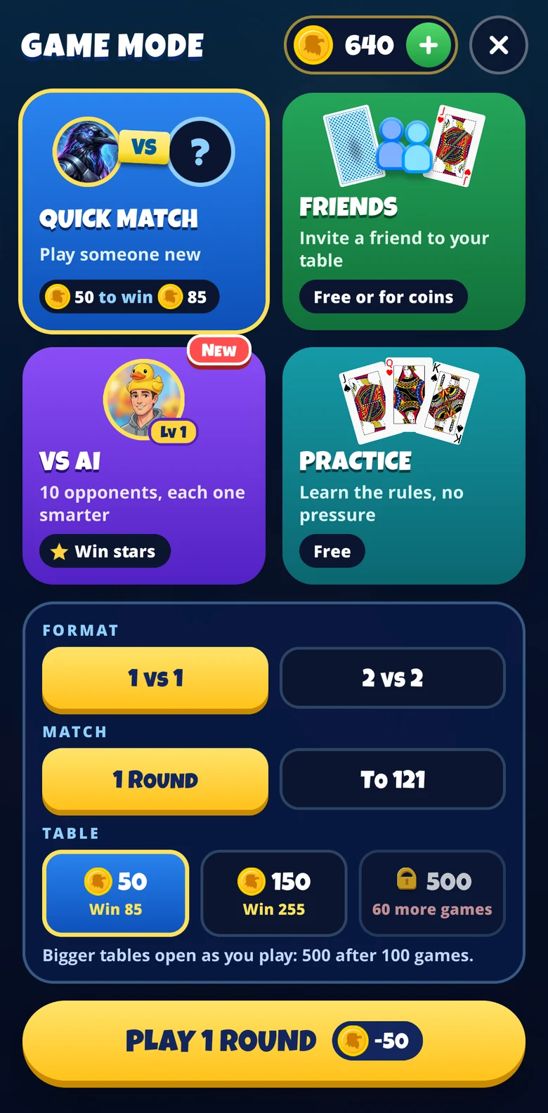 The Game Mode screen: Quick match, Friends, vs AI and Practice cards, the 1 vs 1 or 2 vs 2 format, the match length, and three table sizes with the larger ones locked.