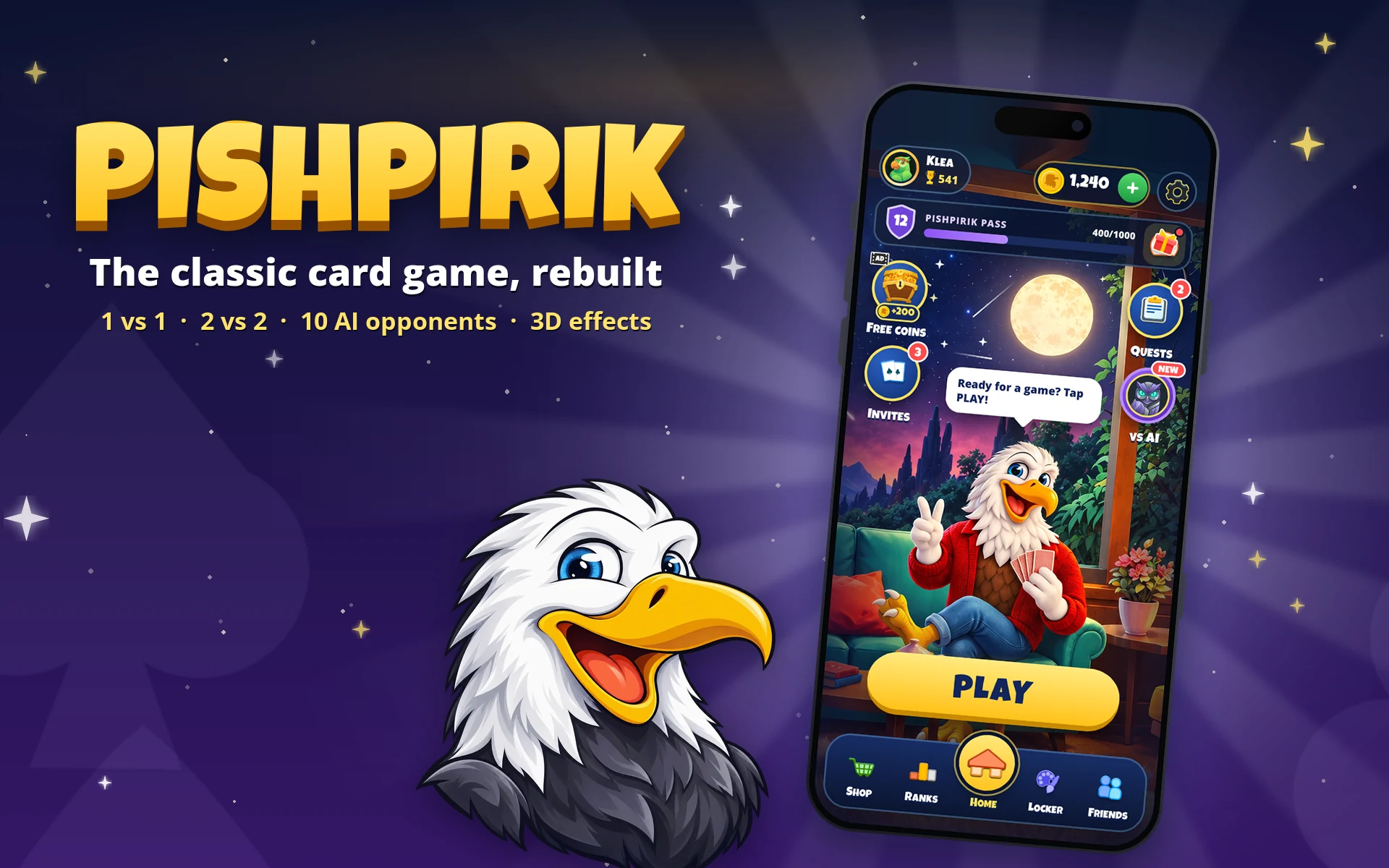 Cover art: the Pishpirik title in gold, the line The classic card game, rebuilt, and the eagle mascot beside a phone showing the game's Home screen with the Play button.